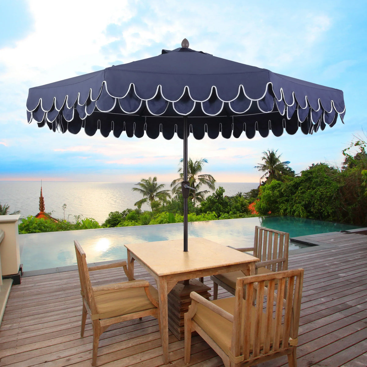 2026 NewJONATHAN Y Tracy 9 ft. Market Patio Umbrella, Classic Mid-Century Scalloped Fringe, with Auto-Tilt Crank, Wind Vent and UV Protection, Coral Pink/White, Dark Brown Pole