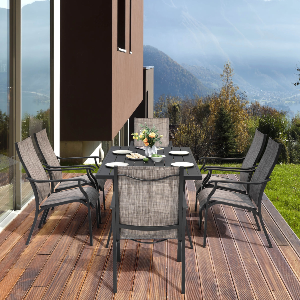 2026 NewNuu Garden 7 Piece Patio Dining Set, Rust-Resistant Aluminum Outdoor Dining Set, Include 6 Textilene Chairs and Rectangle Dining Table with Umbrella Hole, Grayish Brown