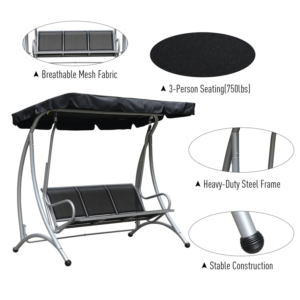 2026 NewOutsunny 3 Person Patio Swing Seats, Porch Swing with Stand & Adjustable Canopy, Heavy Duty Outdoor Swing Chair Bench for Adults, Black