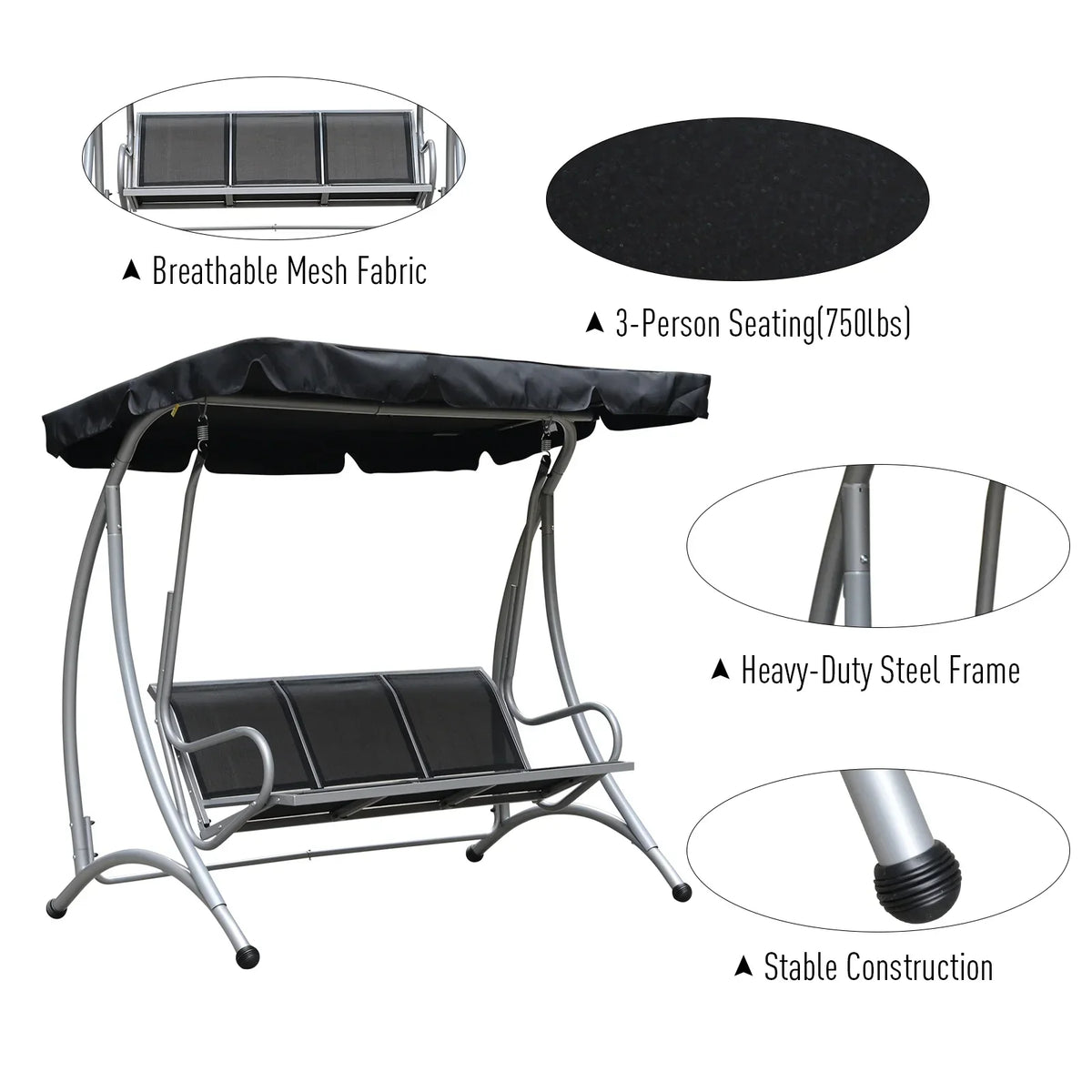 2026 NewOutsunny 3 Person Patio Swing Seats, Porch Swing with Stand & Adjustable Canopy, Heavy Duty Outdoor Swing Chair Bench for Adults, Black