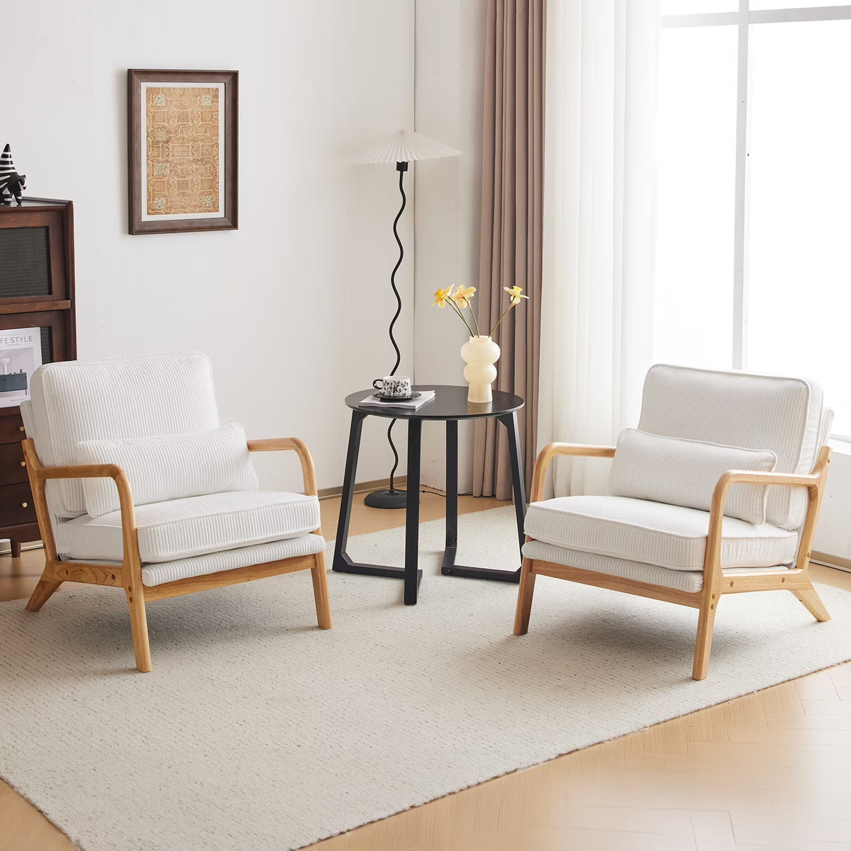 2026 NewKtaxon Accent Chair Corduroy Upholstered Armchair, Reading Club Chair with Pillow and Solid Wood Frame for Living Room Bedroom Furniture Off White