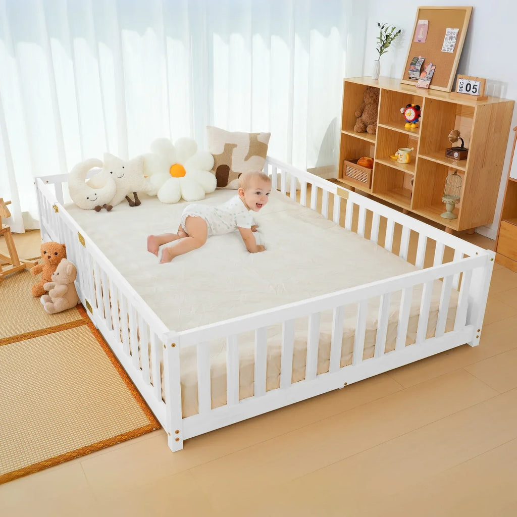 2026 NewSlsy Twin Size Toddler Floor Bed, Solid Wood Montessori Bed Frame with Fence & Door Montessori Floor Bed Crib with Safety Guardrails for Girls and Boys