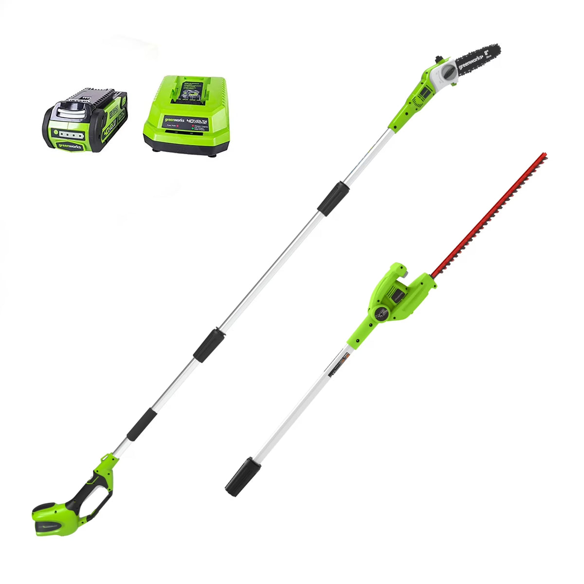 2026 NewGreenworks 40V 20" Battery Powered Pole Saw with Hedge Trimmer Attachment + 2.0 Ah Battery and Charger