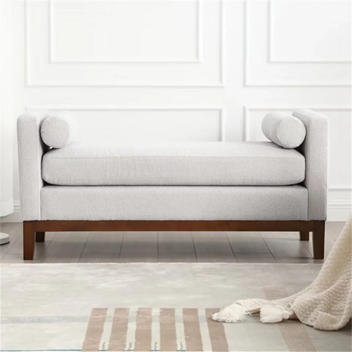 2026 NewEnd of Bed Bench, 53.5" Boucle Fabric Upholstered Entryway Bench with Wood Legs & Bolster Pillows, Rolled Arm Cushioned Ottoman Foot Rest Long Stool Window Extra Seating for Bedroom, Ivory