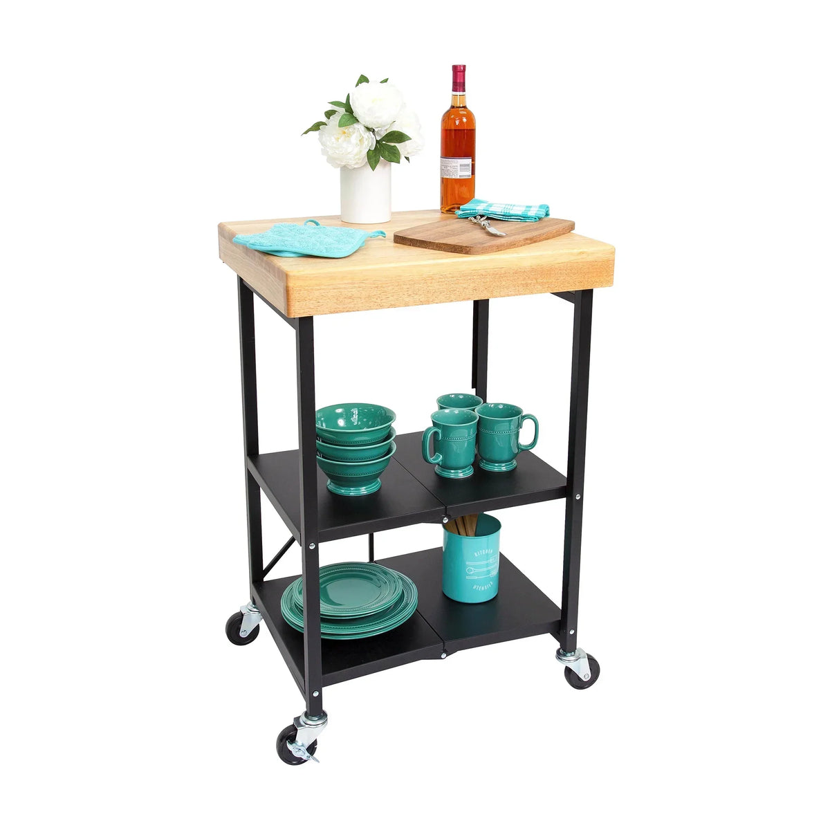 2026 NewOrigami Foldable Wheeled Portable Solid Wood Top Kitchen Island Bar Cart