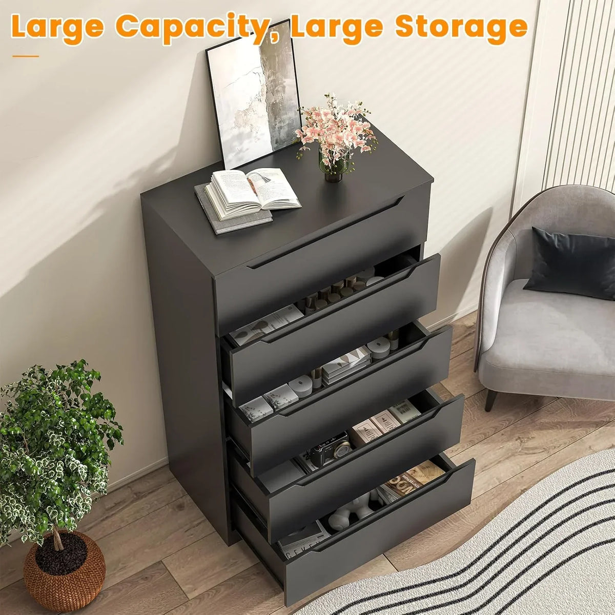 2026 NewWinkalon Vertical 5 Drawer Dresser, Wood Storage Cabinet with Upgraded Stable Base for Bedroom Living Room, Black