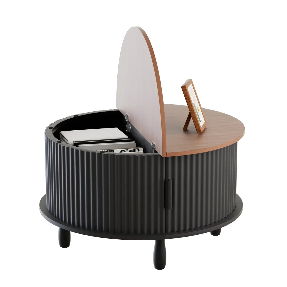 2026 NewRUMLIVE Round Coffee Table with Storage, 30.7" Modern Coffee Table with 360" Curved Sliding Door, Fluted Wood Coffee Table with Footpads, Round Center Table for Living Room, Black