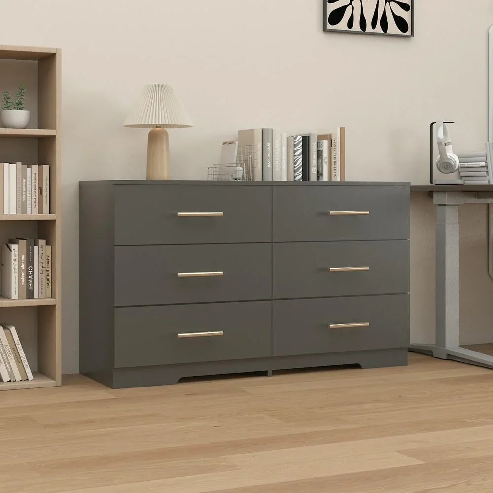 2026 NewKadyn Modern 6 Drawer Dresser Wood Cabinet,Dresser for Bedroom, Kitchen Storage Cabinet with Drawers, Chest of Drawers(Black)