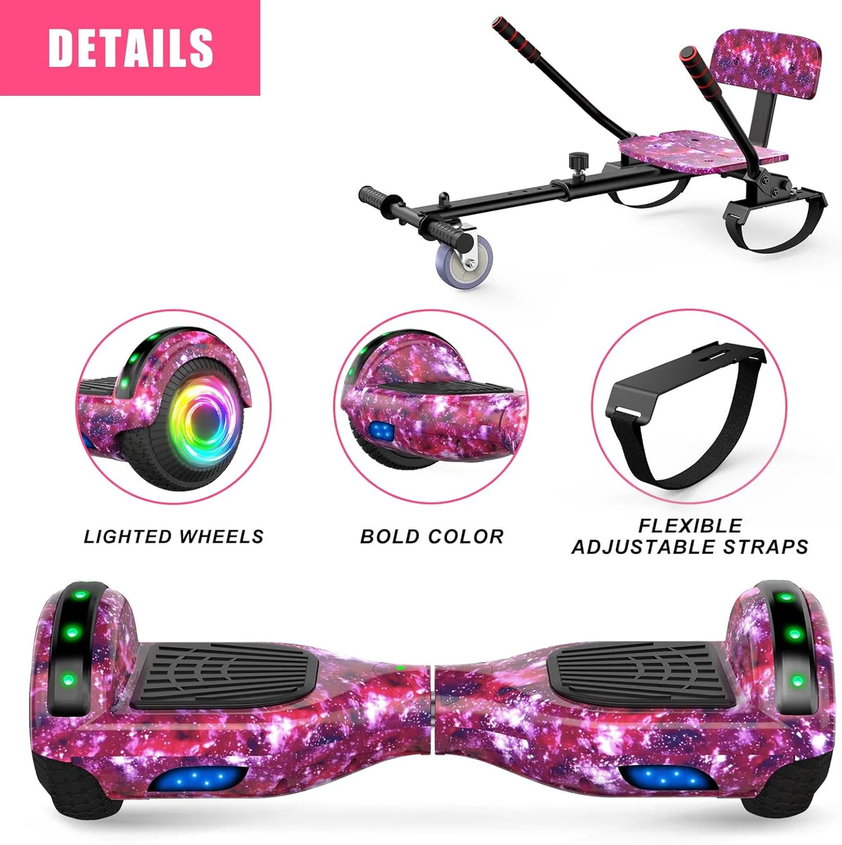 2026 Hoverboard con asiento, tabla flotante autoequilibrada de 6,5" con altavoces Bluetooth y luces LED para niños y adultos