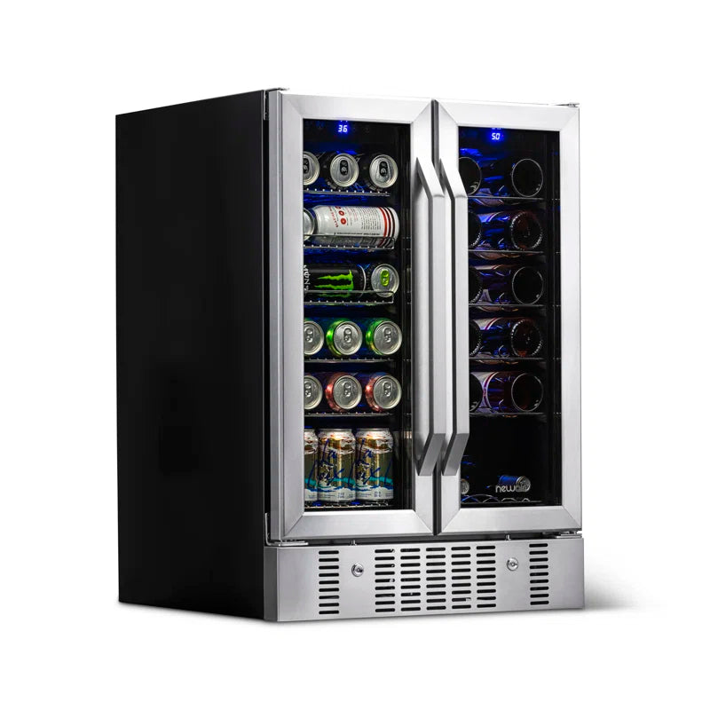 2026 Frigorífico para vinos y bebidas Newair de 24 pulgadas, empotrable, de doble zona, con capacidad para 18 botellas y 58 latas, en acero inoxidable.