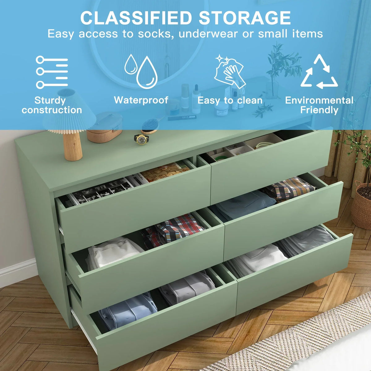 2026 NewResenkos Modern Mid Century 6 Drawer Wide Dressers Chests for Bedroom, Chest of Drawer Organizer Grey