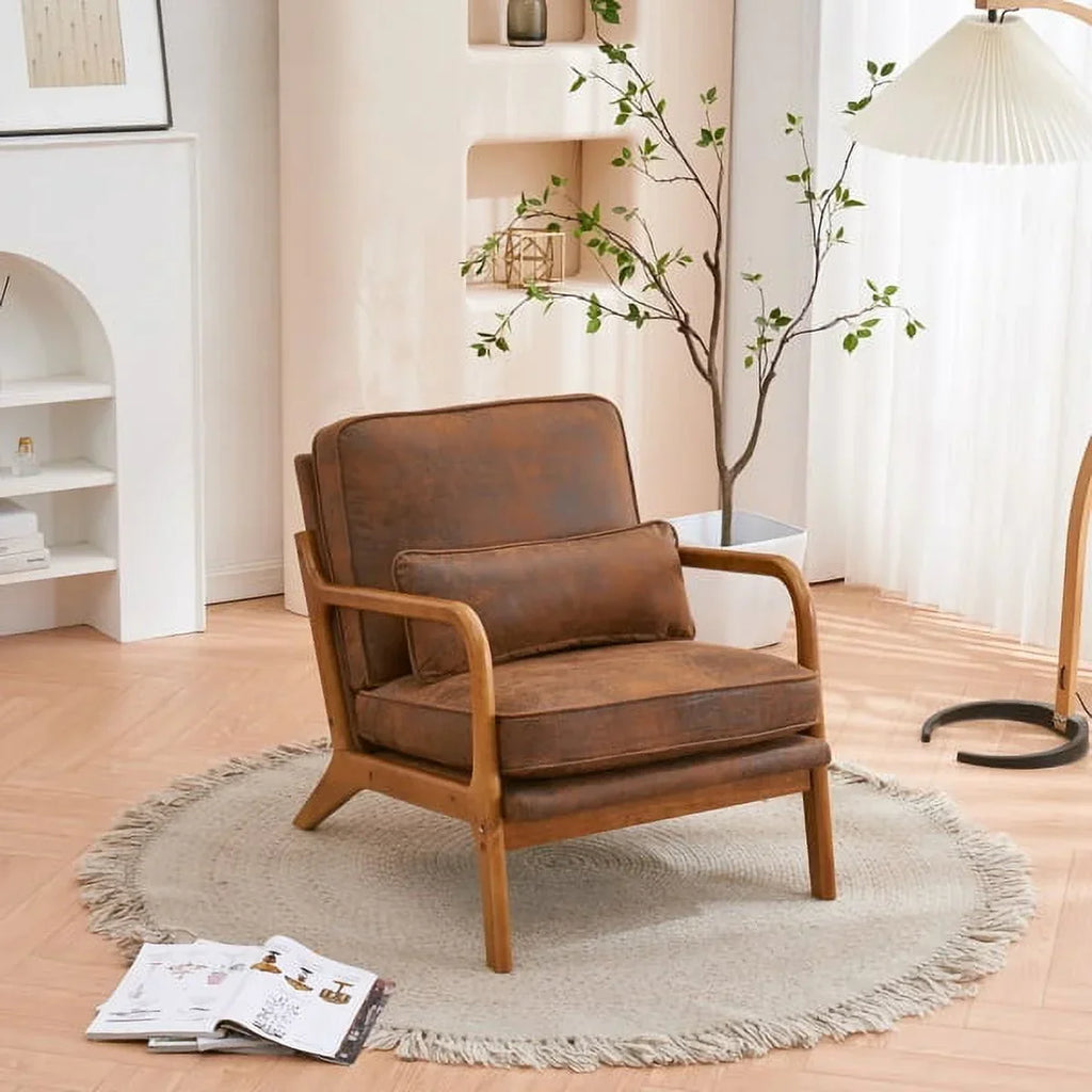 2026 NewAccent Chairs, Single Linen Lounge Reading Armchair with Solid Wood Frame, Mid Century Modern Easy Assembly Arm Chairs for Living Room-Beige