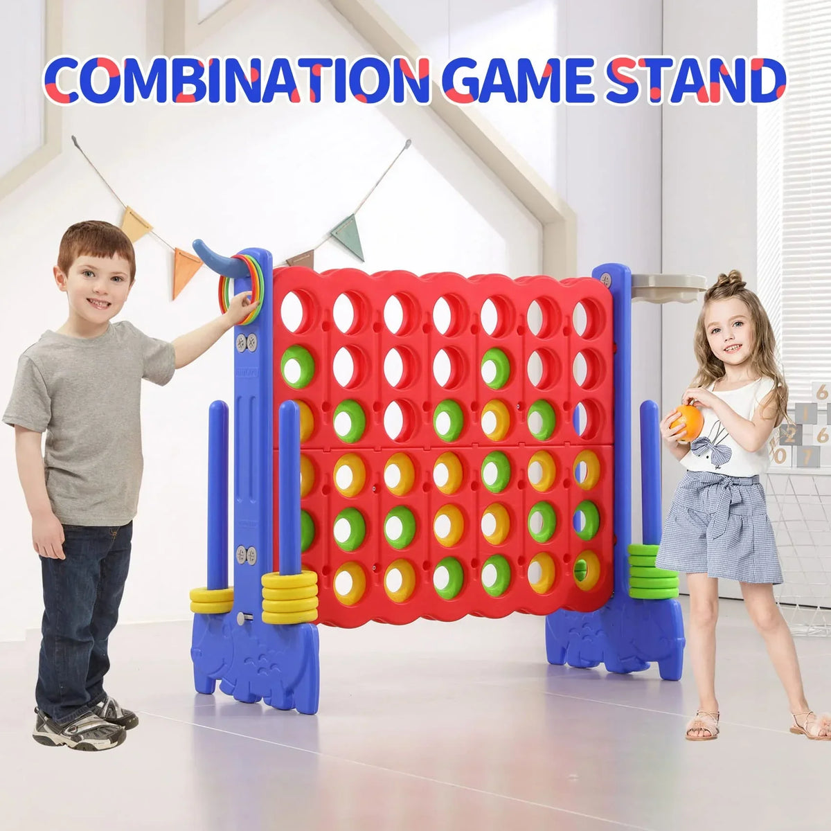 2026 NewUNICOO® 3-in-1 Giant 4 in A Row Game, Featuring Basketball Hoop, Ring Toss Game & 4-to-Score Game. Perfect for Kids & Adults, Parties & Gatherings with Carrying Bag (Red + Blue)