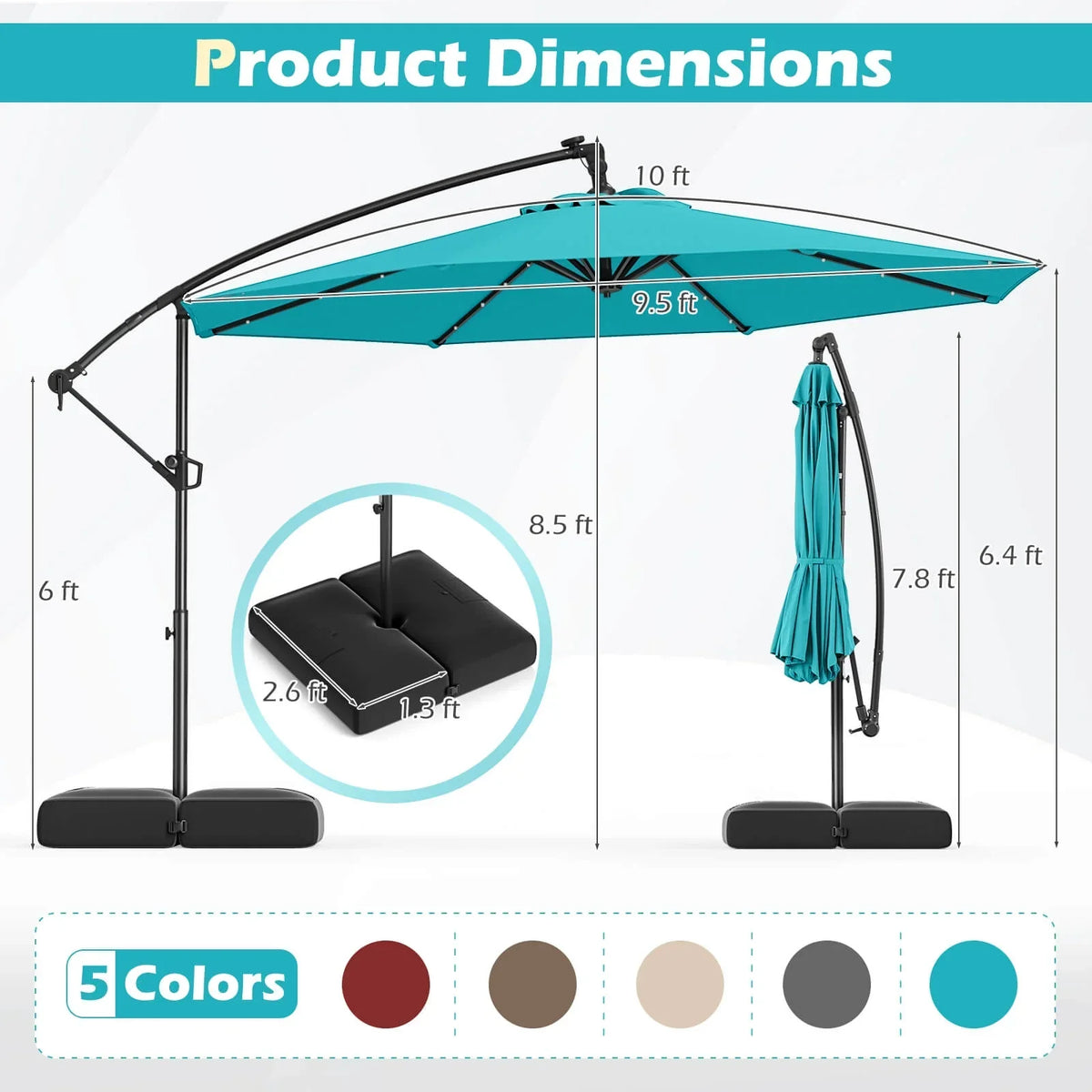 2026 NewCostway 10 FT Solar Offset Hanging Umbrella Patio Cantilever Umbrella with 32 LED Lights Brown