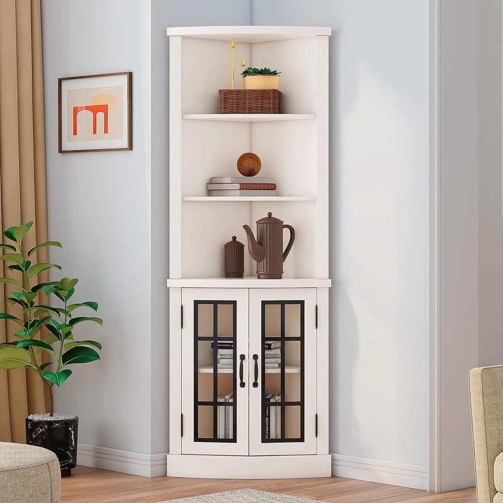 2026 NewMerluxy Curved Corner Cabinet, 65" Wood Bookcase with 3 Shelves, Distressed White