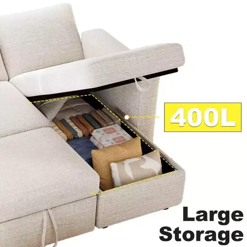 2026 Sofá cama extraíble 2 en 1 con chaise longue de almacenamiento, chenilla y puertos USB