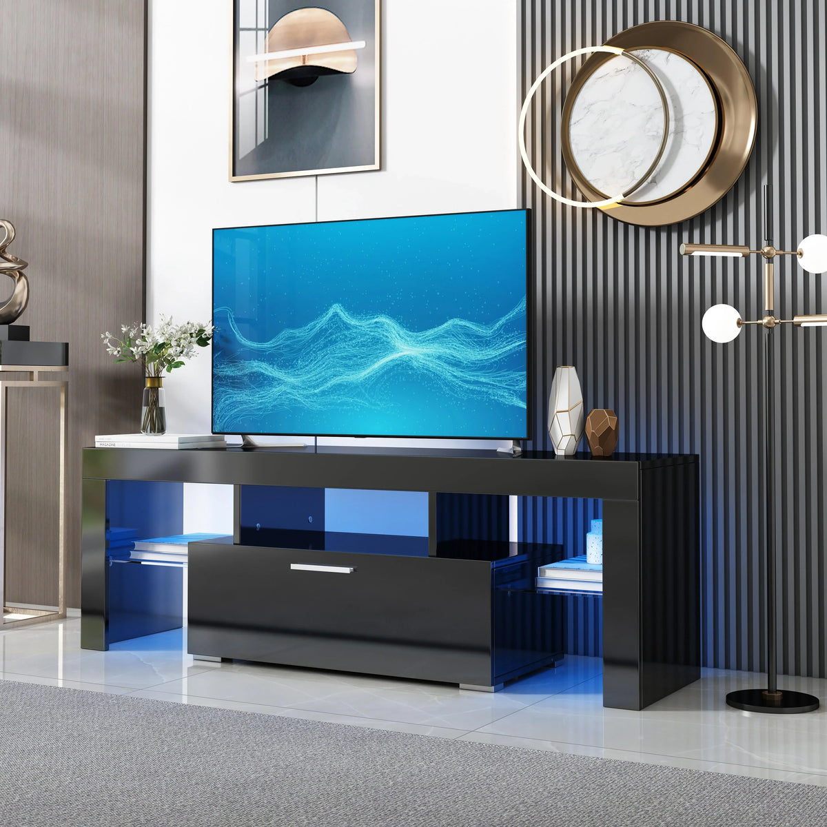 2026 NewPAPROOS TV Stand for TVs up to 70", High Gloss TV Cabinet with LED Light, Modern TV Console Table with Storage Drawers, Media Television Stand Entertainment Center, White