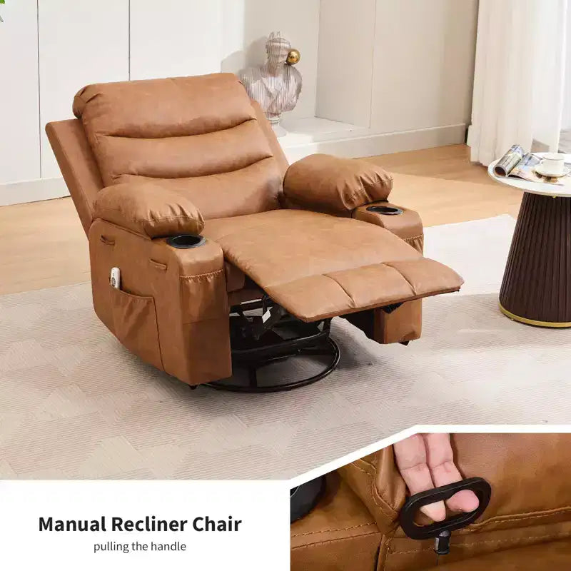 2026 Sillón reclinable mecedora giratorio 360° extragrande con masaje y calor, portavasos y bolsillos