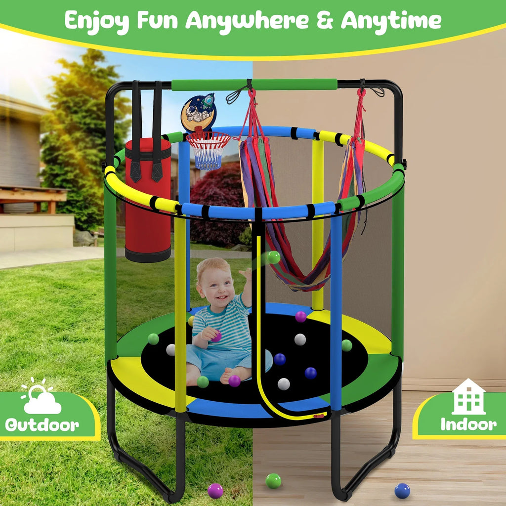 2026 NewMini Round Trampoline for Kids with Basketball Hoop, SEGMART 55'' Indoor Outdoor Toddler Trampoline with Enclosure Net, Swing, Sandbag, Ring, Ocean Balls, Small Trampoline Gift for Boys Girls, Blue