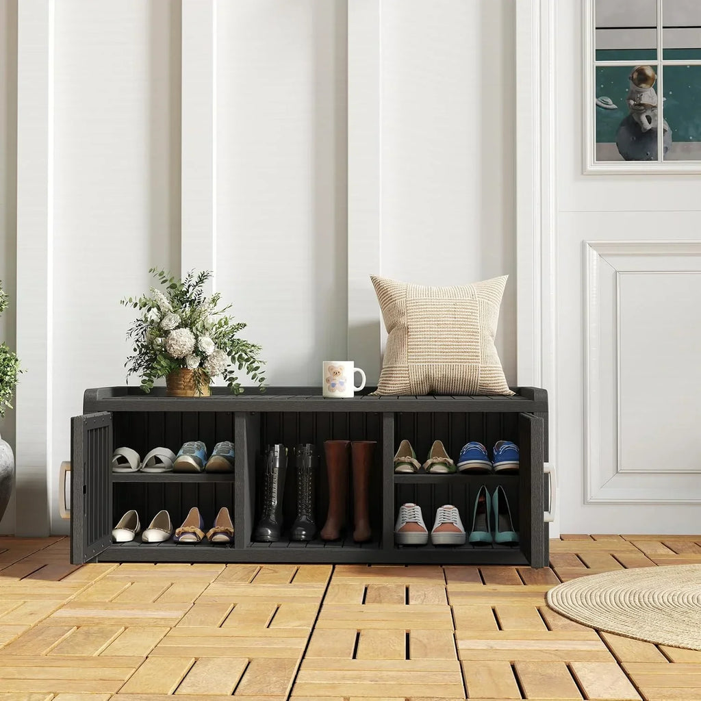 2026 NewKAMABOKO Outdoor Shoe Storage Cabinet, Waterproof UV-Resistant Entryway Storage Bench Indoor Outdoor with 2 Barn Doors, Adjustable Shelves for Entryway, Bedroom, Hallway,Living Room(Black)