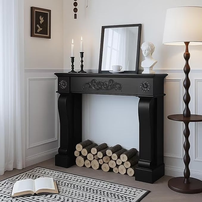 2026 NewEPICOZY 44.5" Fireplace Mantel, Freestanding Fireplace Surround with Leg for Electric Fireplaces, MDF Mantel Surround with Shelf for Living Room with Decorative Pattern, Anti-Tipping & Waterproof