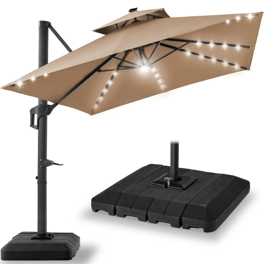 2026 NewBest Choice Products 10x10ft 2-Tier Square Outdoor Solar LED Cantilever Patio Umbrella w/ Base Included - Tan
