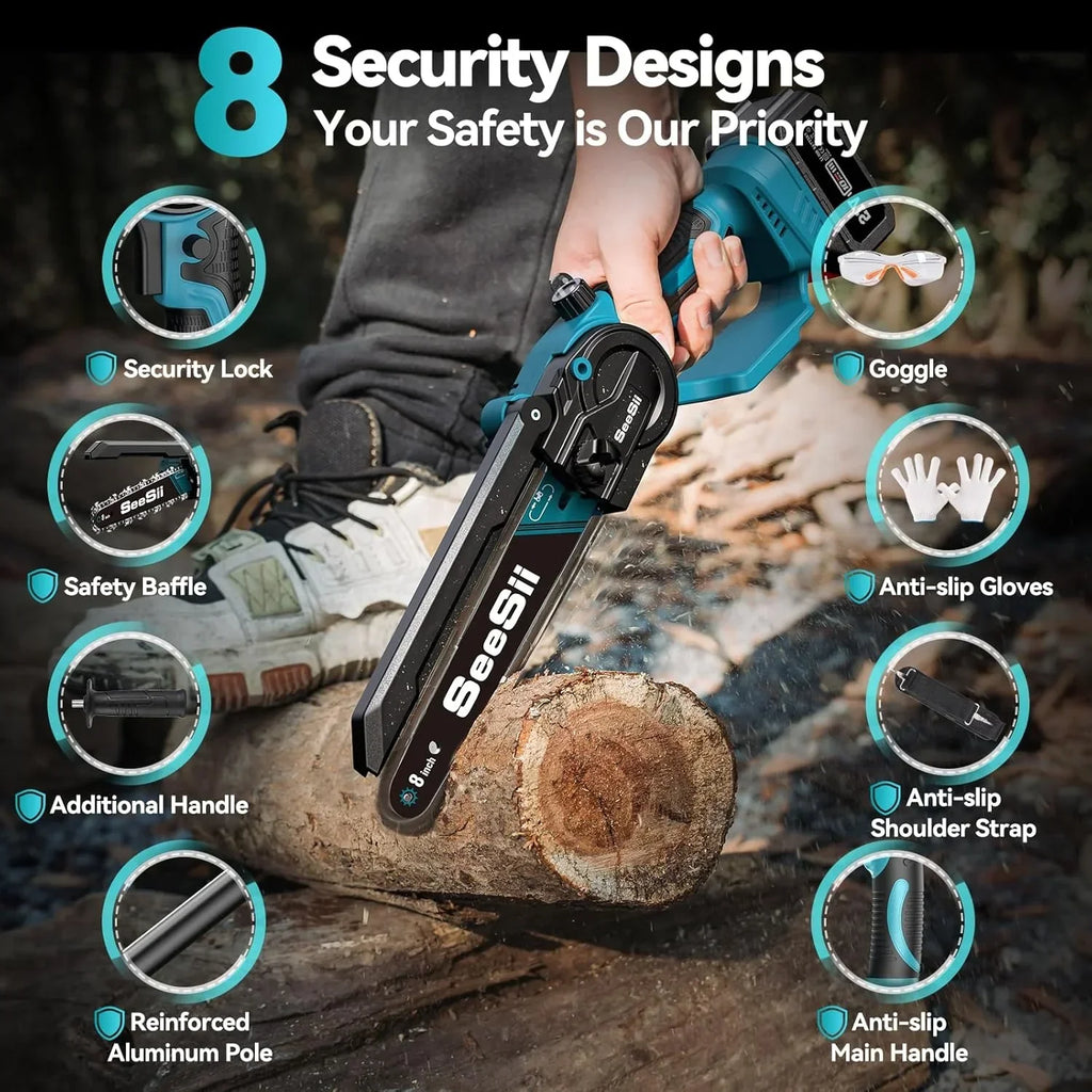 2026 NewSeesii 2-in-1 Cordless Pole Saw, 8 Inch Brushless Mini Chainsaw with Extension Pole, 16ft Max Pole Saws with 2x 21V Batteries for Tree Trimming, Branches Pruning, Wood Cutting