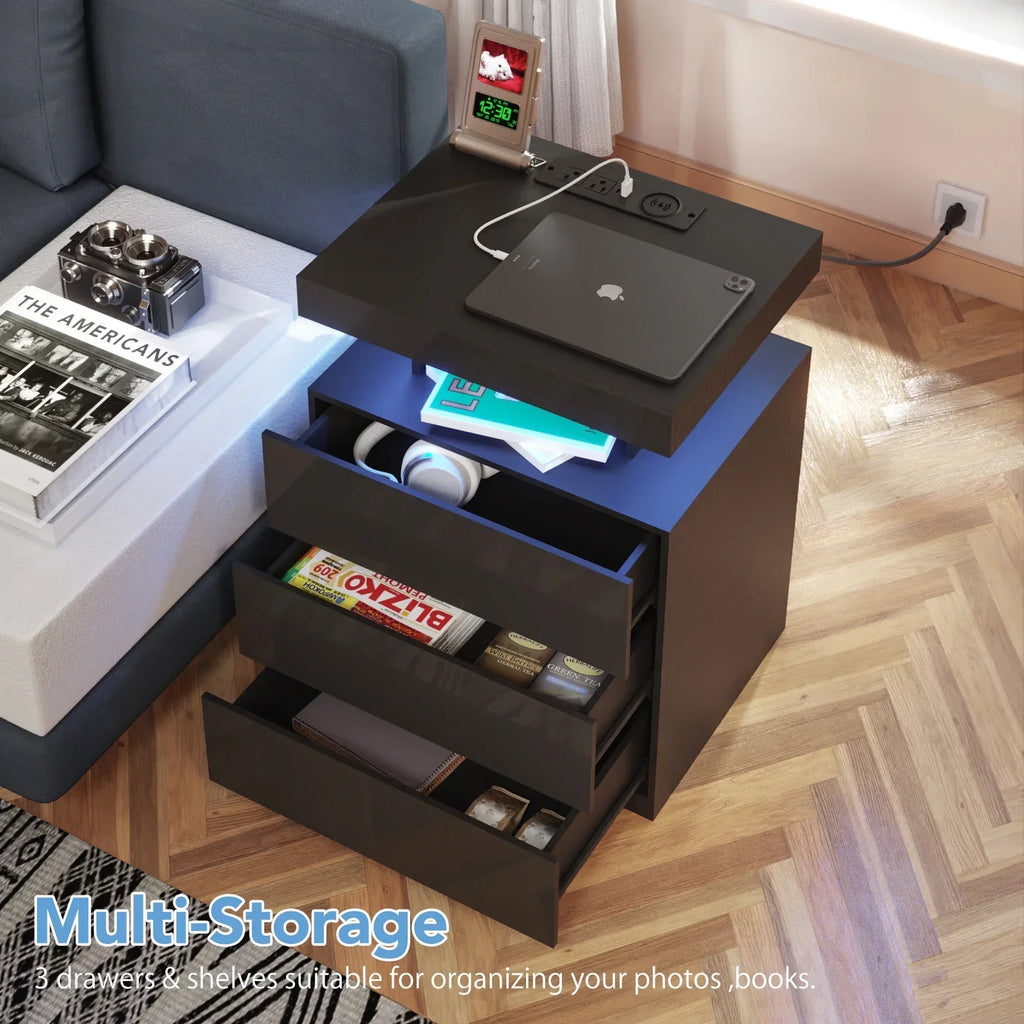 2026 NewHommpa LED Nightstand Wireless Charging Station USB Type C Outlets Bedside Table 3 Drawers Black Night Table Modern Smart Nightstand High Gloss End Side Table for Bedroom Furniture 26.8" Tall