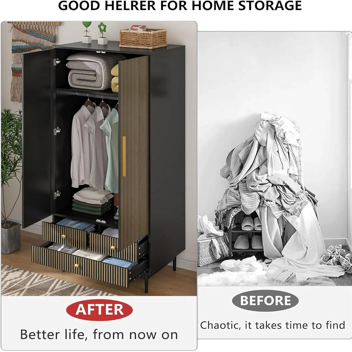 2026 NewOubayajia Wardrobe Armoire Closet, 2 Fluted Doors Wardrobe Cabinet with 3-Drawer and Hanging Rod, Wood Wardrobe Storage for Bedroom