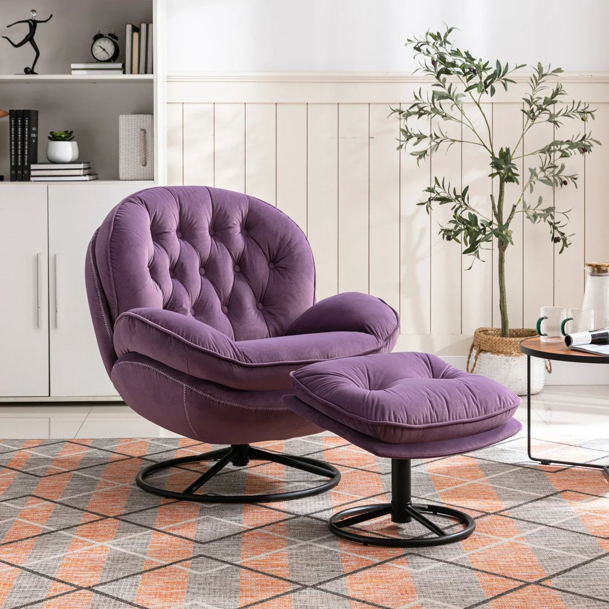 2026 NewVelvet Swivel Accent Chair with Ottoman, Modern Chaise Lounge Chair with Metal Frame and Footstool, Comfy Armchair Reading Chair for Living Room Bedroom Office,Blue