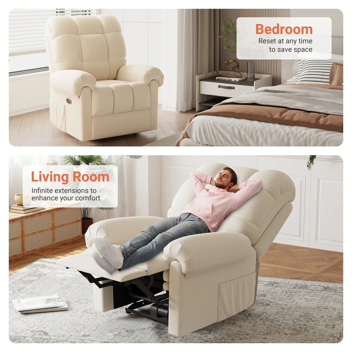 2026 NewPower Recliner Chair,Electric Recline Sofa Chair for Adults with USB Port,Comfy Teddy Fleece Adjustable Cloud Sofa,Tool-Free Setup,Beige White