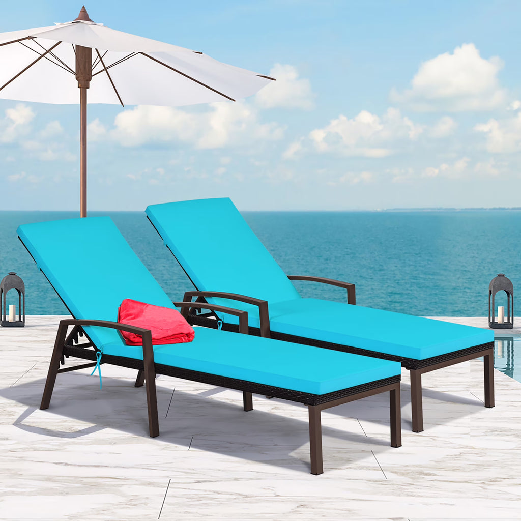 2026 NewCostway 2PCS Patio Rattan Lounge Chair Chaise Recliner Back Adjustable Cushioned Red