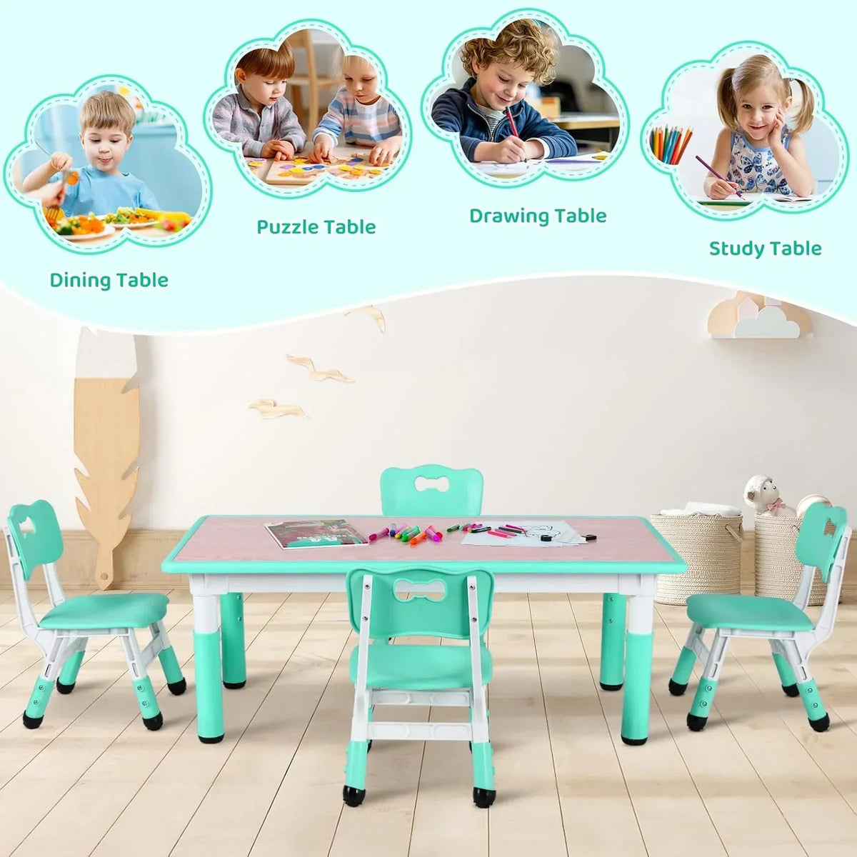2026 NewLAZY BUDDY Kids Table and 4 Chairs Set, Height Adjustable Toddler Desk with Graffiti Desktop, Kids Activity Table Set for Daycare, Home