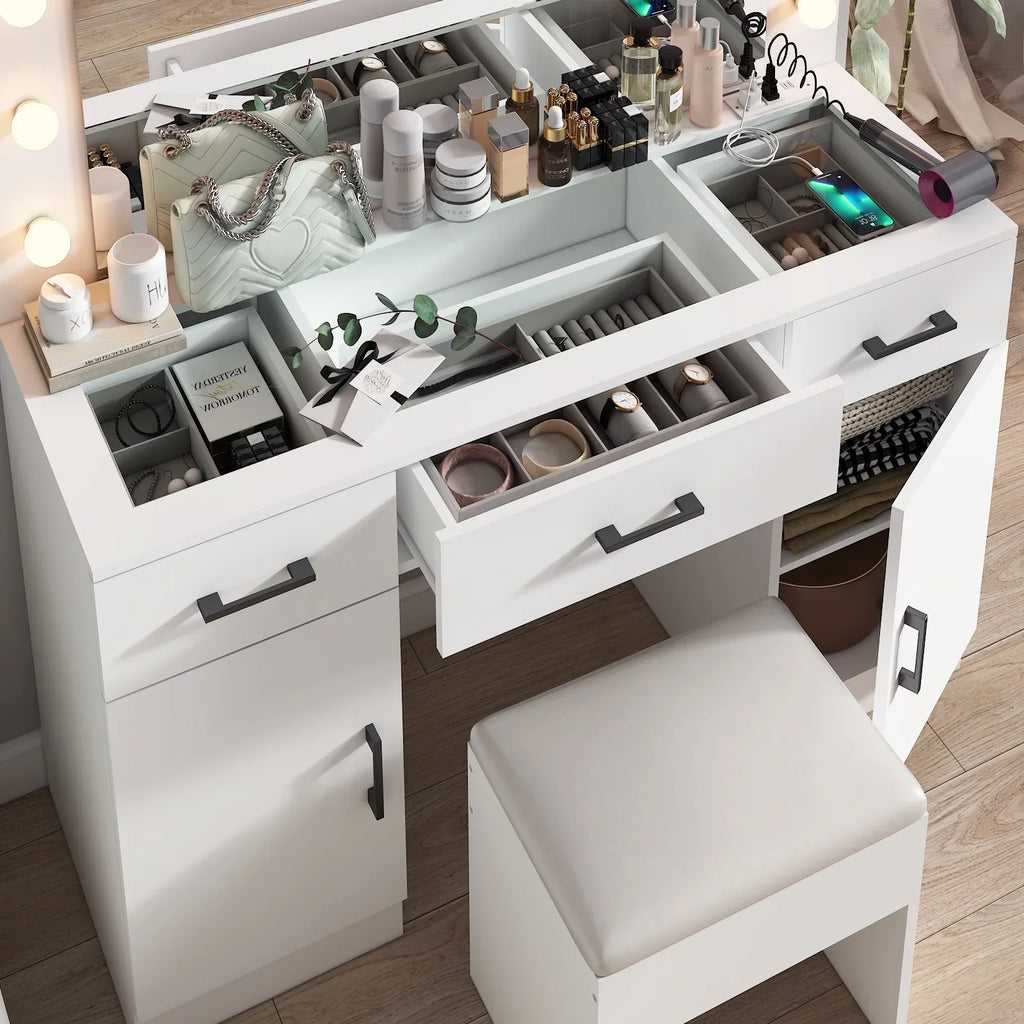 2026 NewKtaxon Large Makeup Vanity, Vanity Table Set w/ Visible Glass Top w/ Charging Station, White