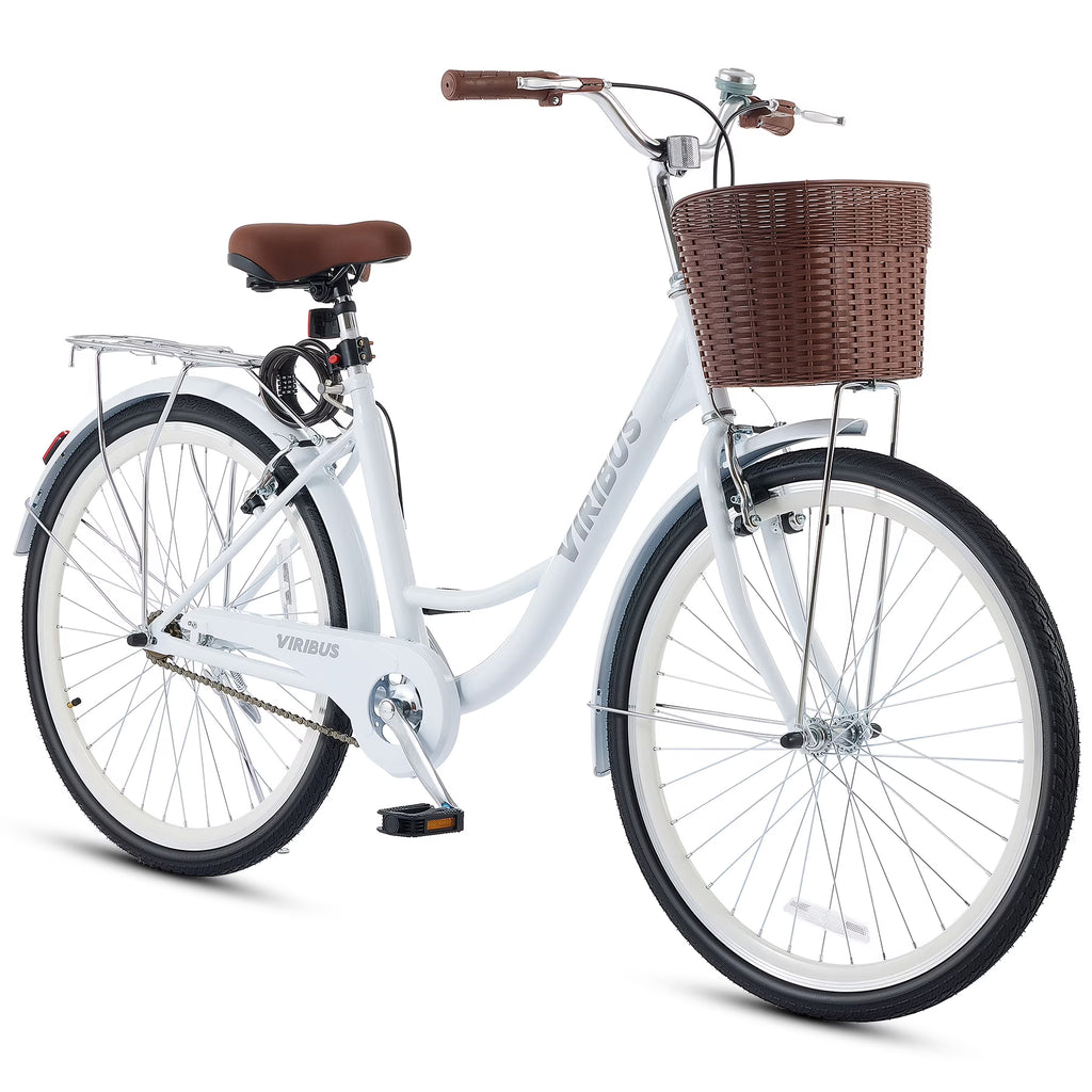 2026 NewViribus Women's Comfort Bike 24 inch Beach & City Cruiser Bicycle with Basket Rack White
