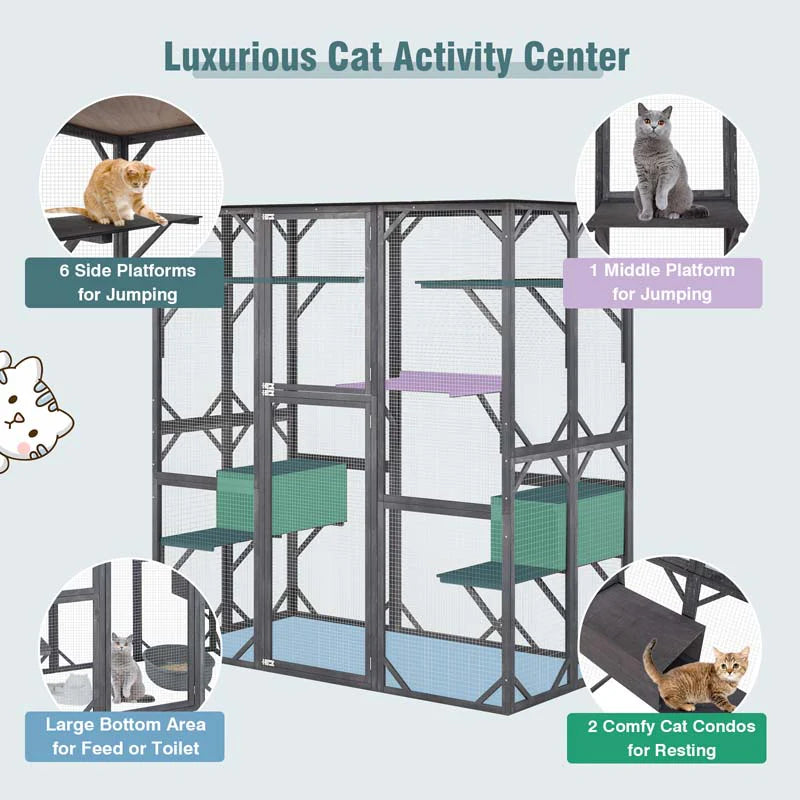 2026 Casa para gatos grande de 180 cm de altura, recinto exterior para gatos, caseta para gatos con acceso directo, jaula de madera para gatos con 7 plataformas.