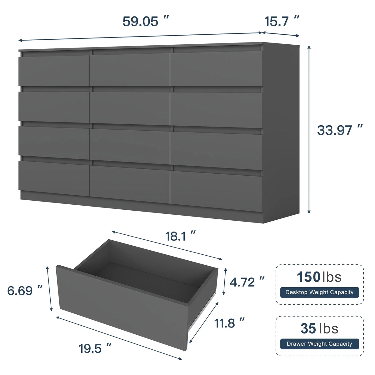 2026 NewResenkos Modern Mid Century 6 Drawer Wide Dressers Chests for Bedroom, Chest of Drawer Organizer Grey