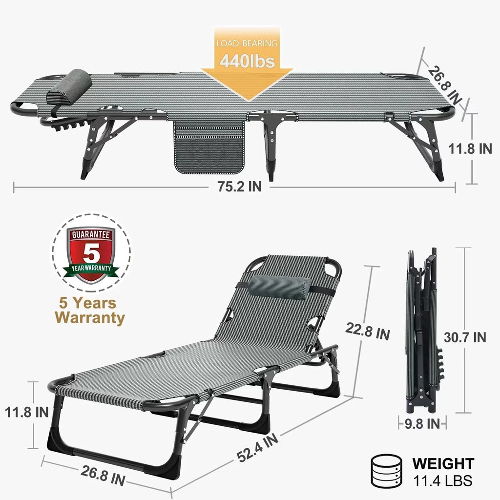 2026 NewMOPHOTO Lounge Chair with Mattress, Outdoor Chaise Lounge Support 440 Lbs, Adjustable Portable Heavy Duty Sleeping Cots Bed for Camping, Pool, Beach, Patio