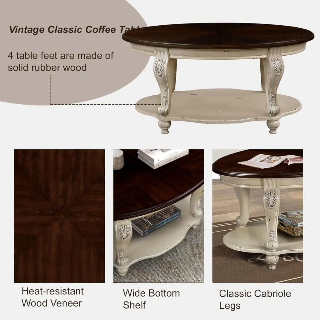 2026 New42" Oval Coffee Table with Storage Shelf, 2-Tier Solid Wood Cocktail Tea Table, Traditional Retro Center Table for Living Room, Bearing 400LBS, Cherry
