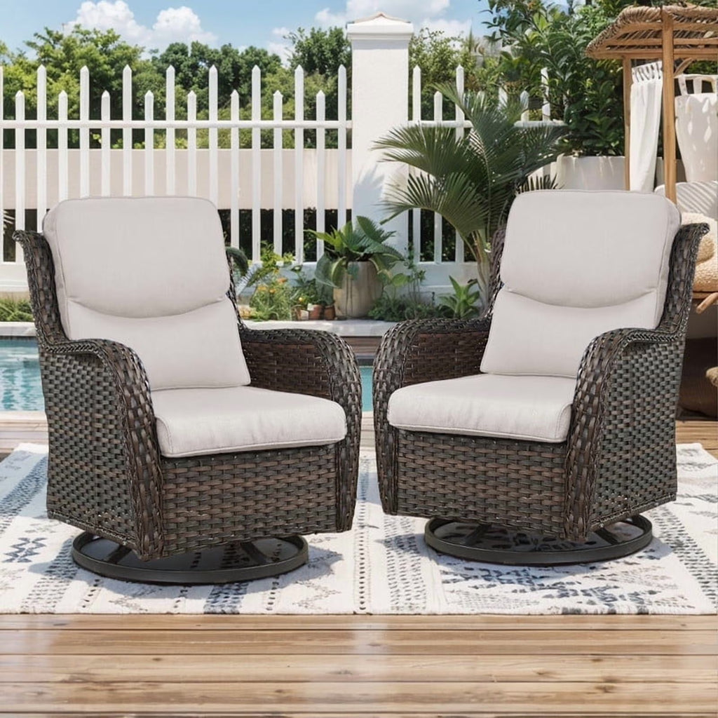 2026 NewPOCASSY Patio Swivel Chairs, Outdoor Wicker Swivel Glider Rocking Chairs with High Back and Thick Cushions for Porch Deck - Set of 2, Beige