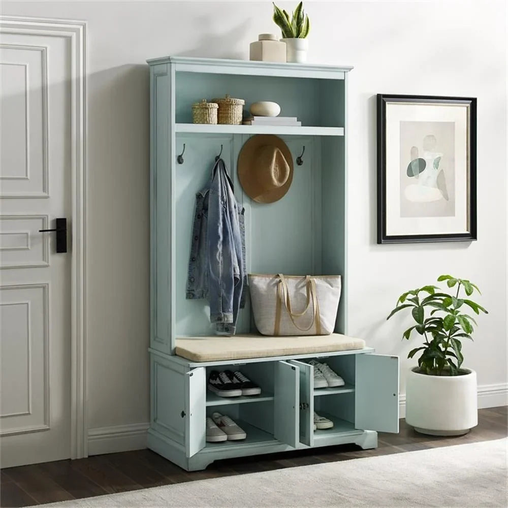 2026 NewBowery Hill Traditional Wood Hall Tree in Seafoam Blue/Oatmeal