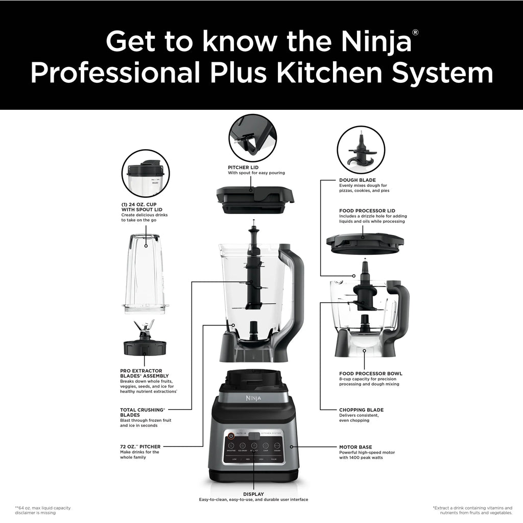 2026 NewNinja Professional Plus Kitchen System, 1400 Watts, 5 Presets for Smoothies, Chopping, Dough with Auto IQ, 72-oz.* Blender Pitcher, 64-oz. Processor Bowl, 24-oz. To-Go Cups, Black, BN800
