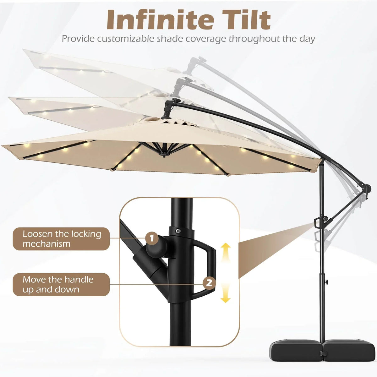 2026 NewCostway 10 FT Solar Offset Hanging Umbrella Patio Cantilever Umbrella with 32 LED Lights Brown