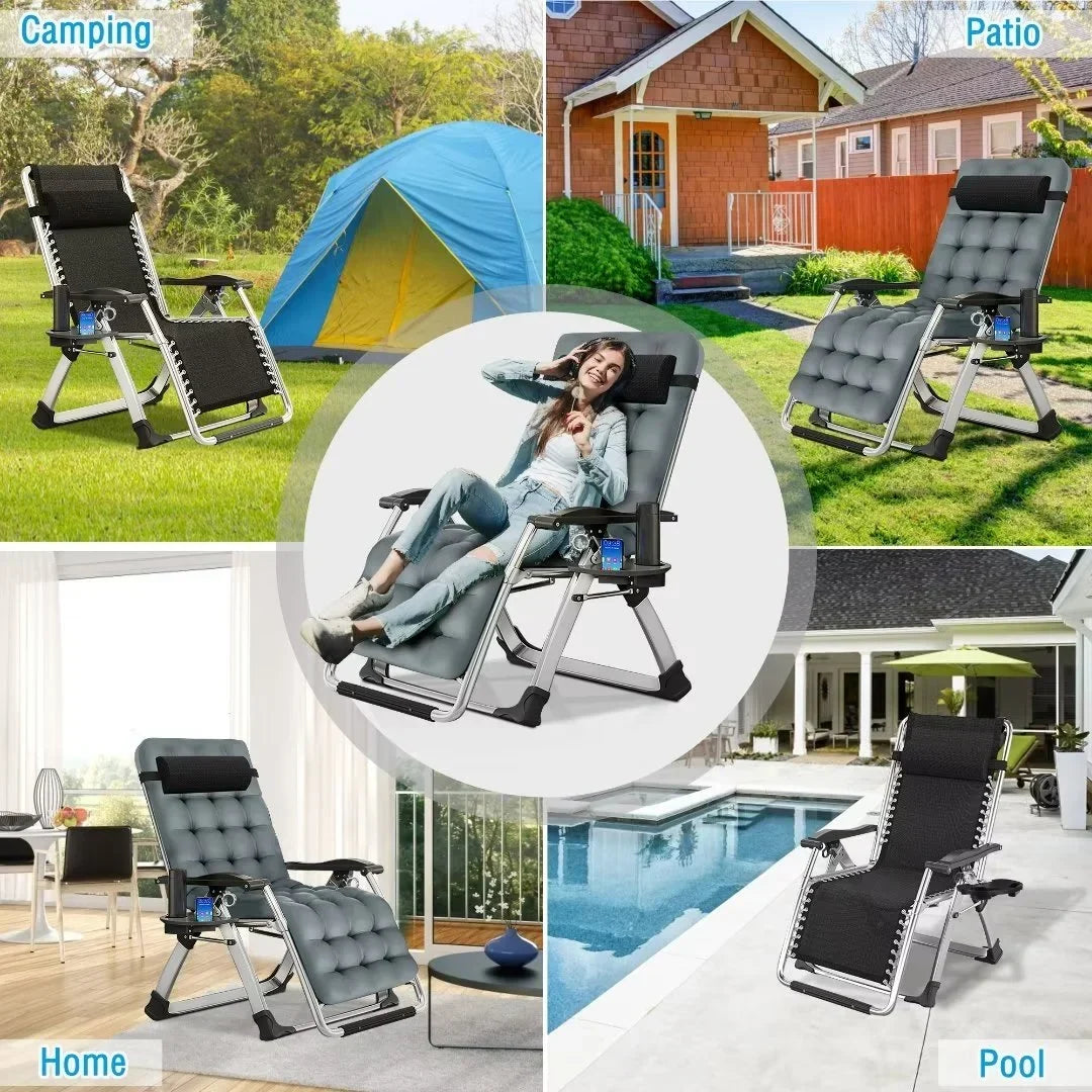 2026 NewNAIZEA 2 Pack Zero Gravity Chair, Foldable Portable Lawn Recliner with Cushion, Headrest, Cup Holder, Black