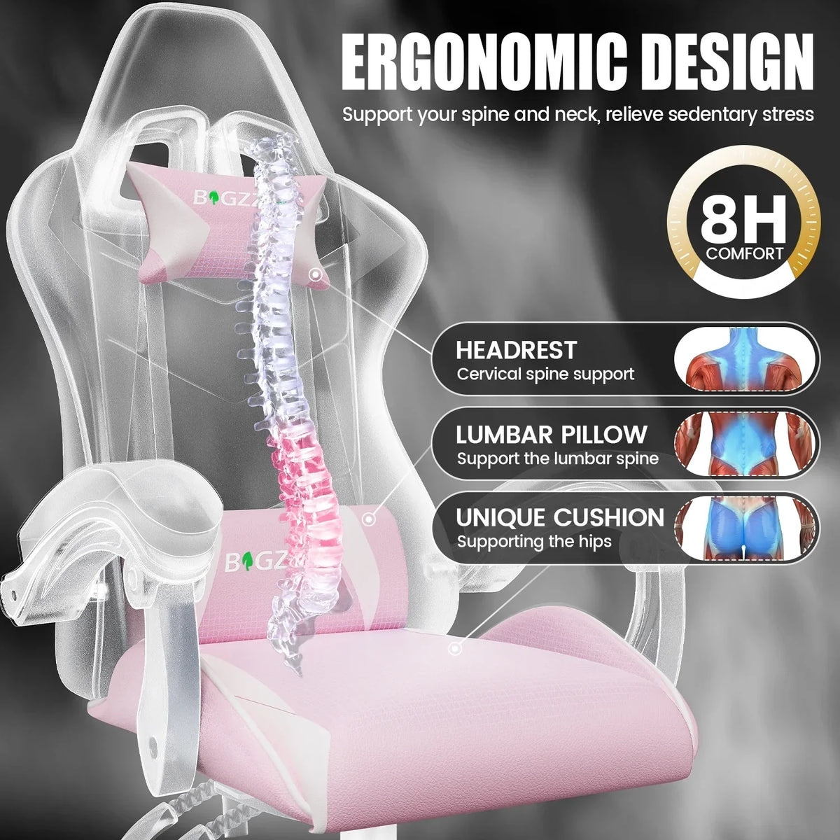 2026 NewBigzzia Gaming Chair Office Chair, Ergonomic Game Chair with Height Adjustable Headrest and Lumbar Support for Adults Teens, Black & White