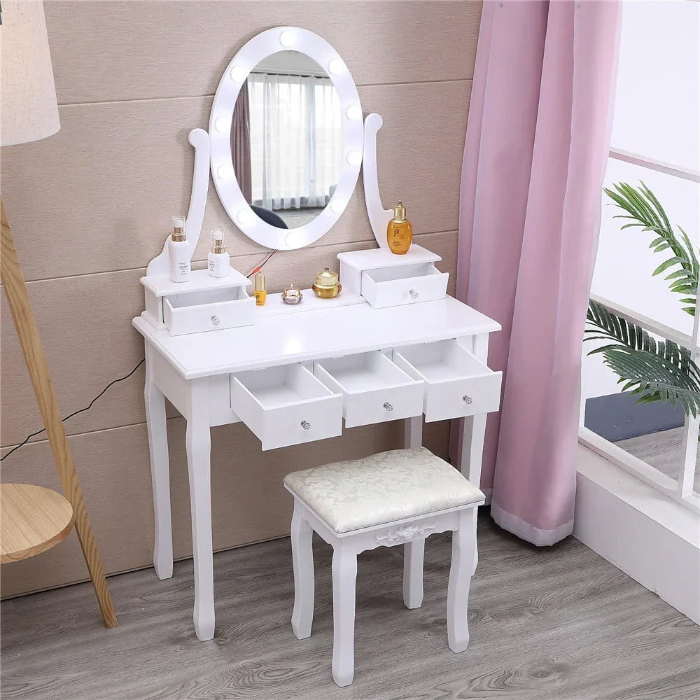 2026 NewKtaxon Vanity Table 10 LED Lights, 5 Drawers Makeup Dressing Desk with Cushioned Stool Set,Bedroom Vanities Set White