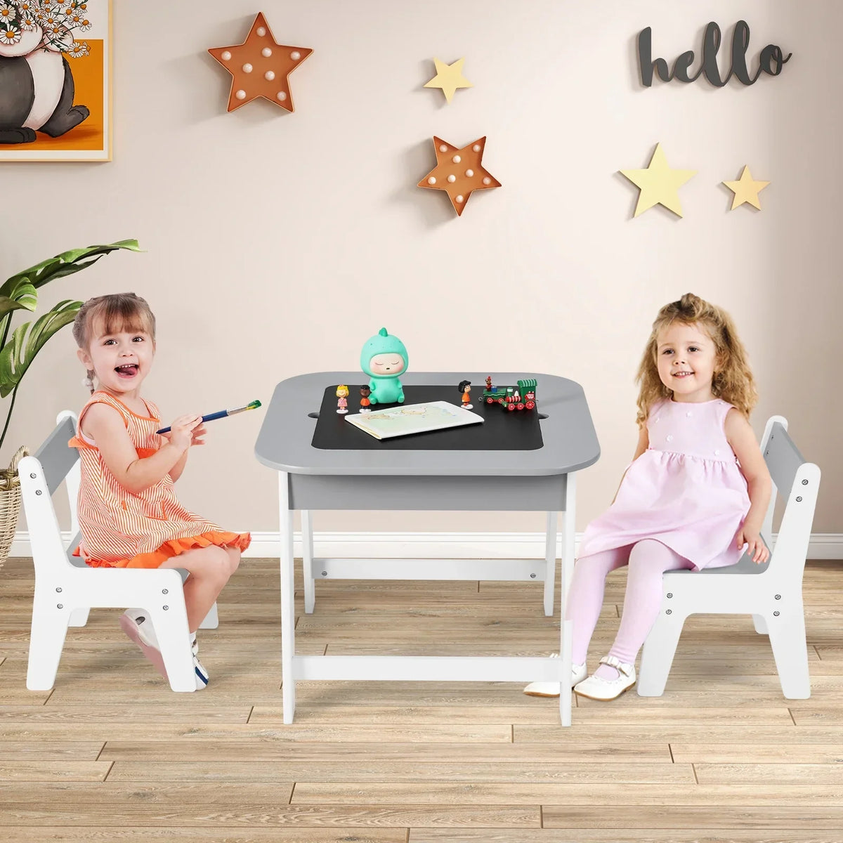 2026 NewOLAKIDS Kids Table and Chair Set, 3 in 1 Wooden Activity Table with Removable Tabletop, Blackboard and Whiteboard for Toddlers Arts Crafts Drawing Reading Playing, Playroom Nursery (Natural)