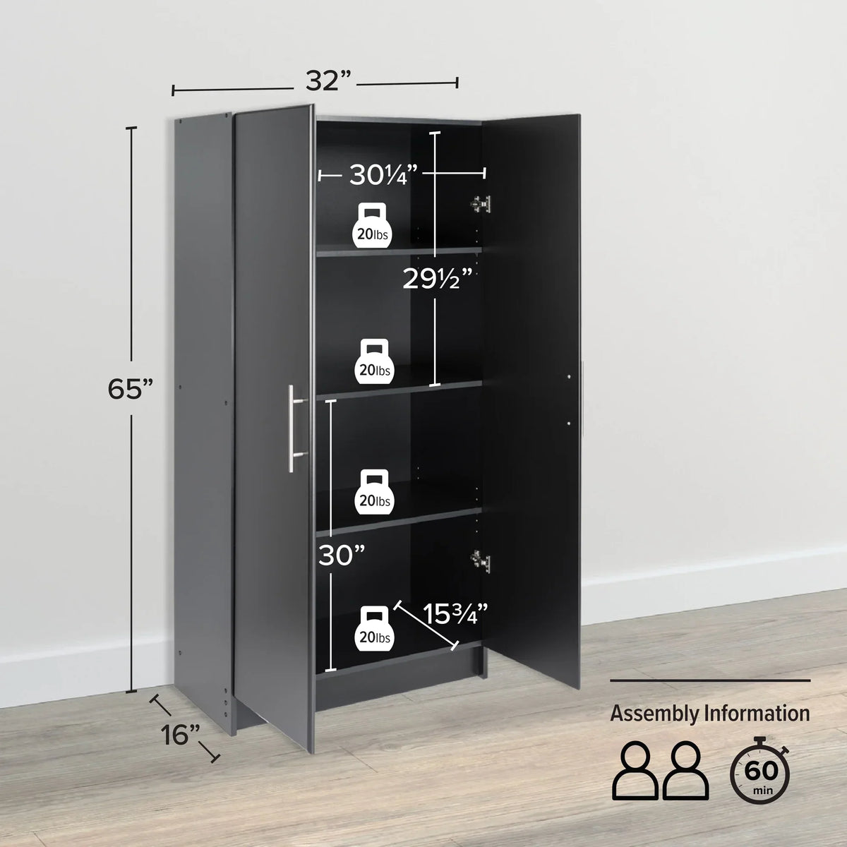 2026 NewPrepac Adjustable Shelves Cabinet - Functional Tall Garage Table, 16"D x 32"W x 65"H Freestanding Garage Cabinet with 2-Doors, Espresso - EES-3264