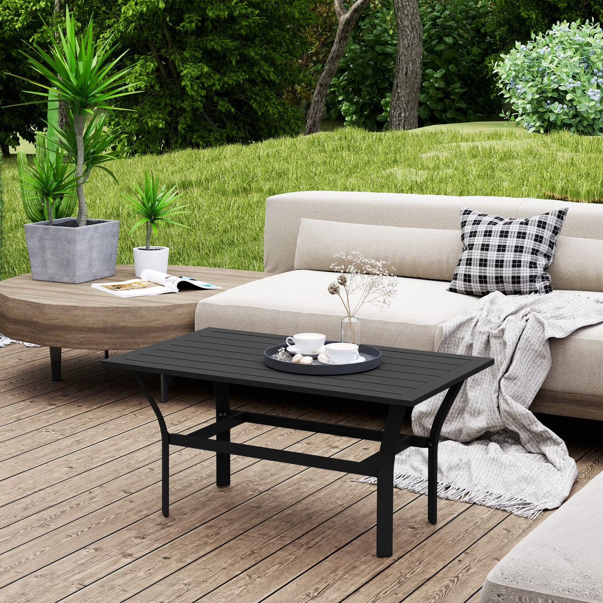 2026 NewOutsunny Outdoor Coffee Table, All-Weather Rectangle Patio Coffee Table with Slatted Tabletop for Outside, Patio, Brown