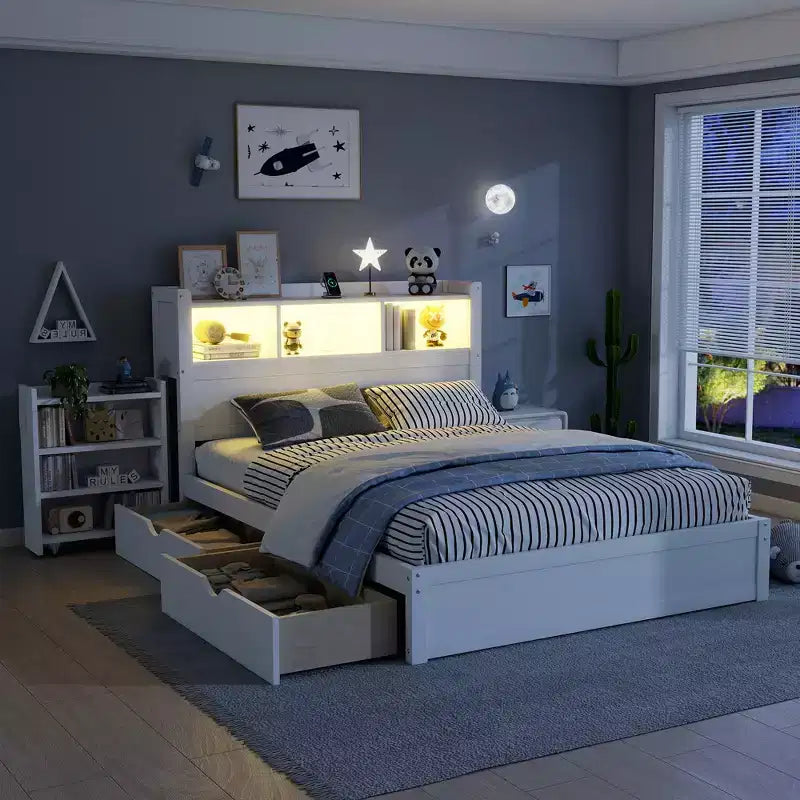 2026 Cama plataforma moderna de madera con cajones de almacenamiento y cabecero LED, natural/blanco, Twin/Full